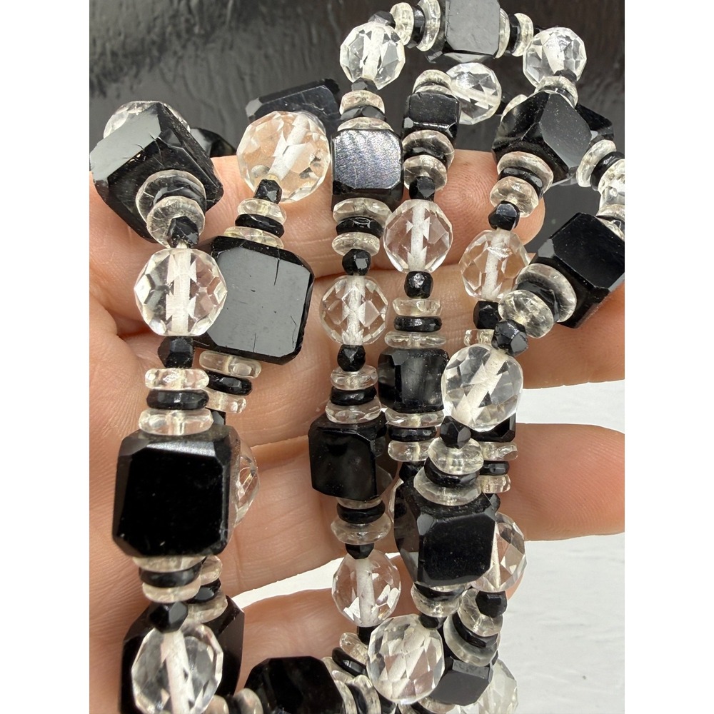 Vintage Estate Necklace Black Beaded Glass Geometric Art Deco 34"